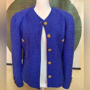 Vintage Blue Carlisle Tweed Wool & Silk Jacket with gold Metal Buttons /Size 6